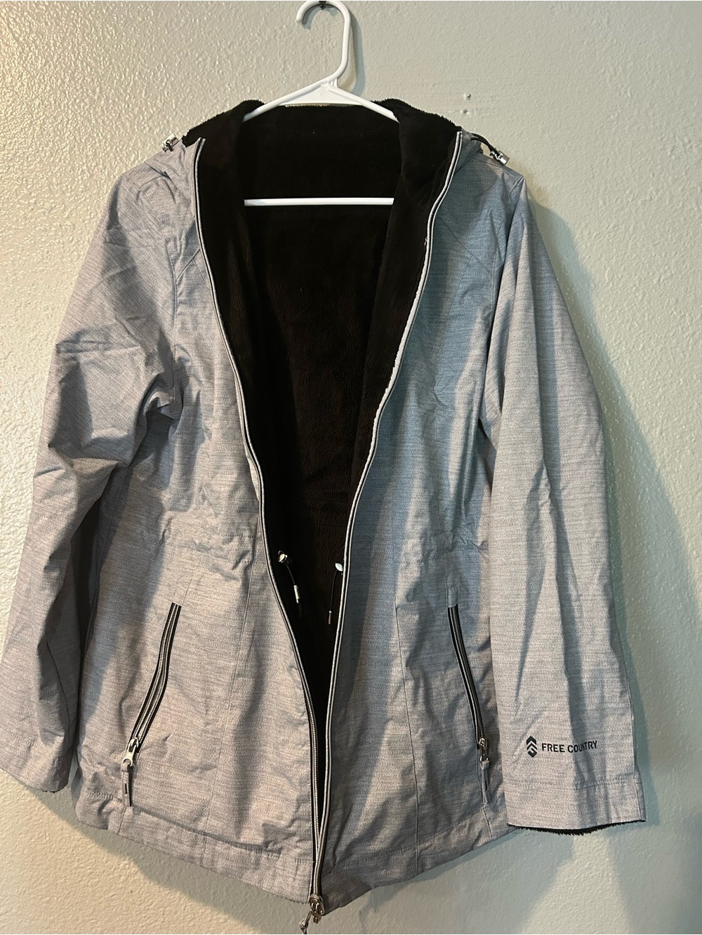 Free Country Gray Black Reversible Fleece Hooded Jacket M
